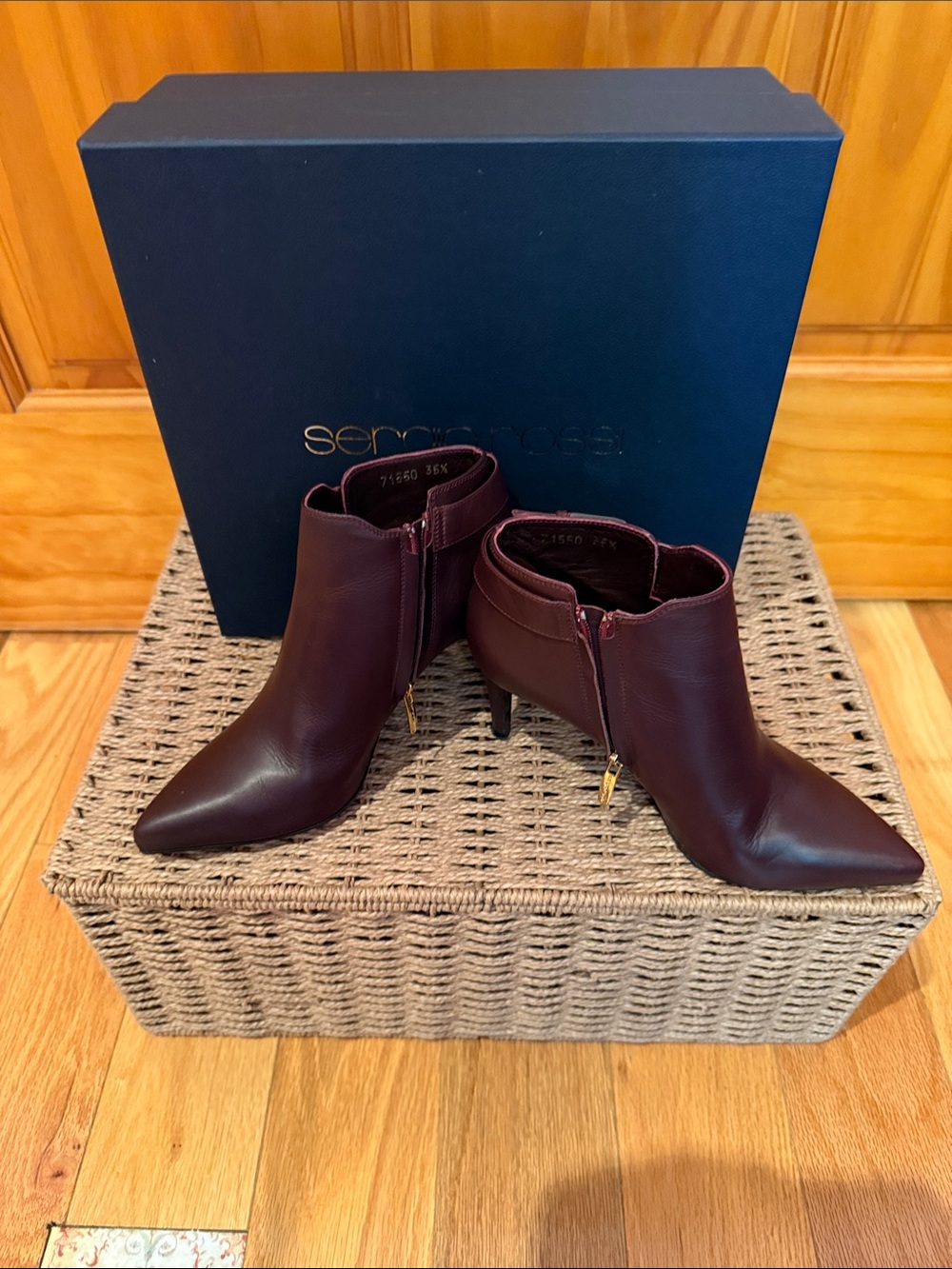 Sergio Rossi Wine Leather Pointed Toe Ankle Booties with Side Zip